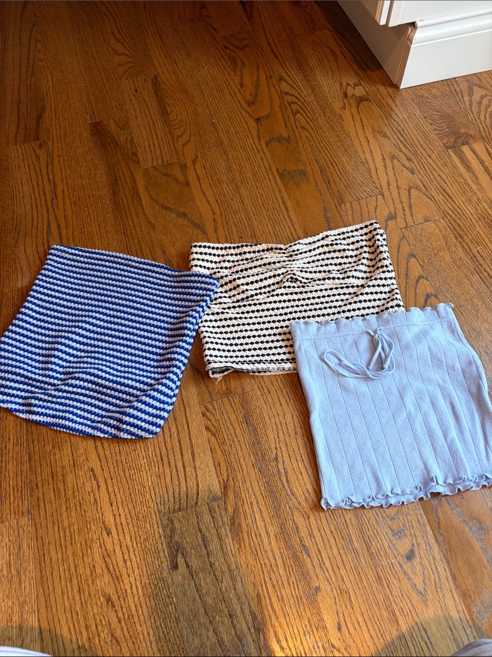 3 Knit Tube Tops in Blue, Black/White, and Light Blue
